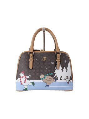 Giani Bernini Purse 14 x 9 x 5 Brown White Multi Color Ice Skating Animals Purse